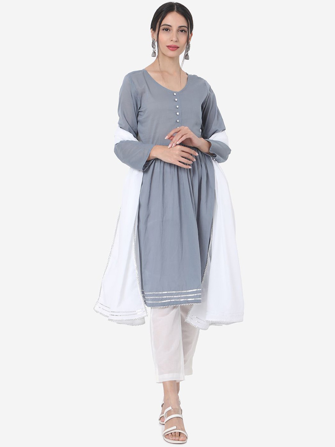 

Saanjh Grey & White V-Neck Empire A-Line Kurta With Trousers & Dupatta