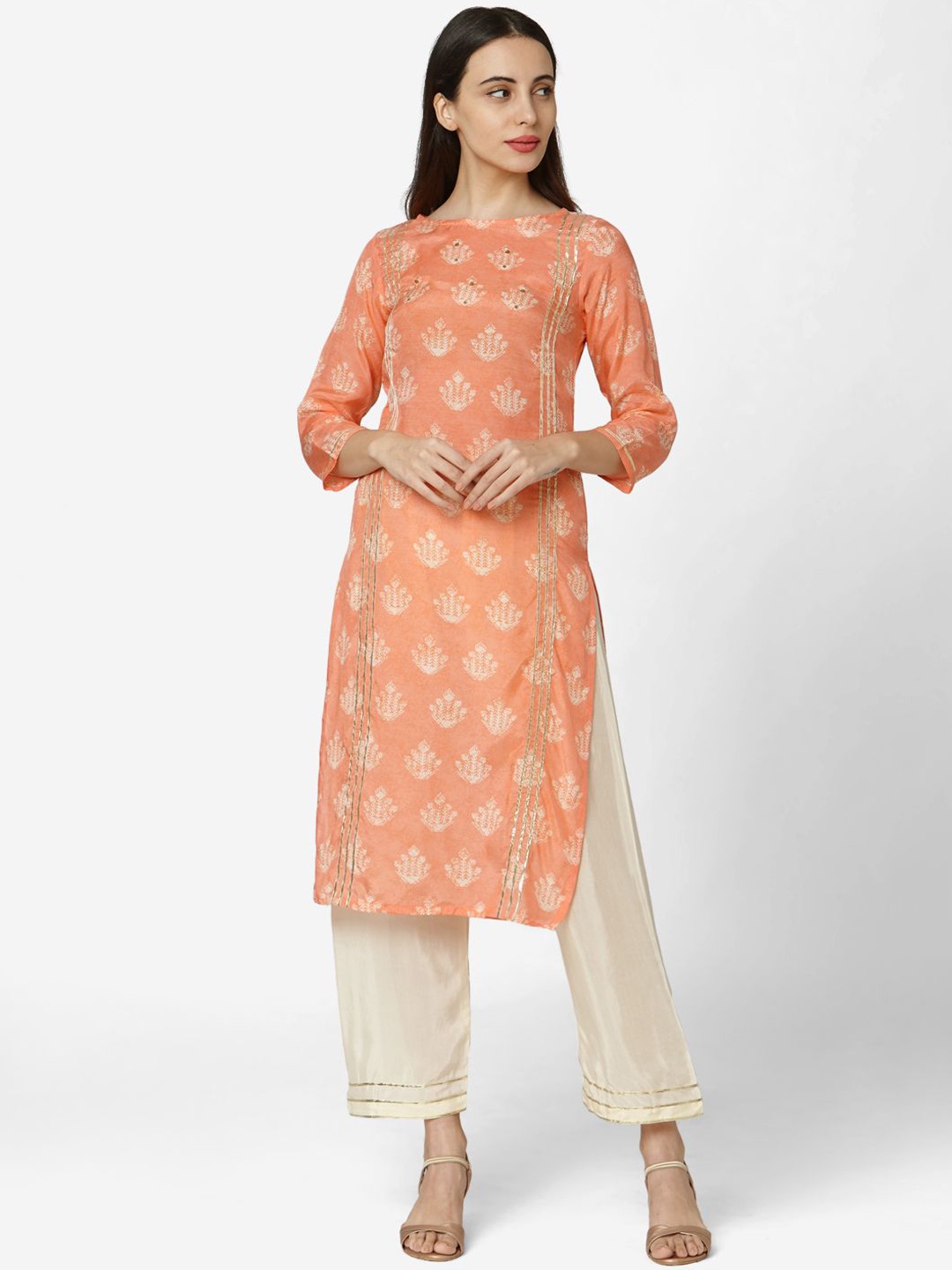 

Saanjh Women Ethnic Motifs Printed Regular Mirror Work Kurta with Trousers, Orange
