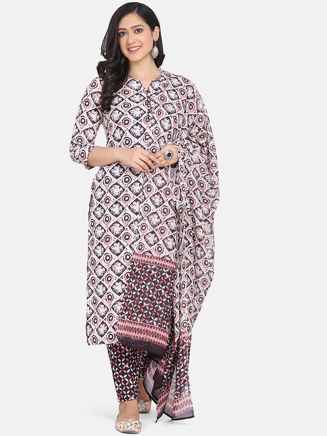 

Saanjh Women Ethnic Motifs Printed Regular Kurta with Trousers & With Dupatta, White