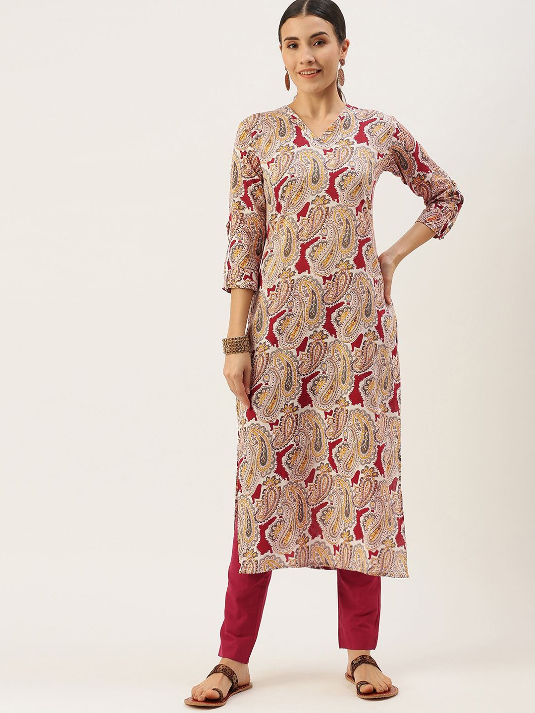 

Saanjh White Paisley Printed Straight Kurta With Trouser