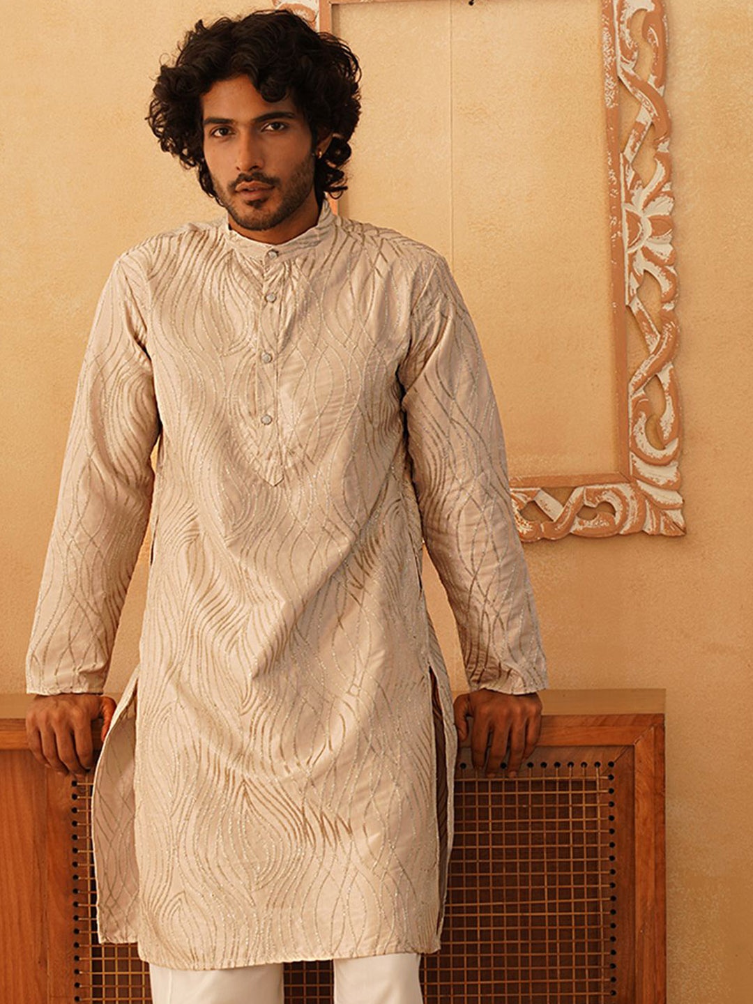 

Jompers Embroidered Band Collar Straight Kurta, Beige