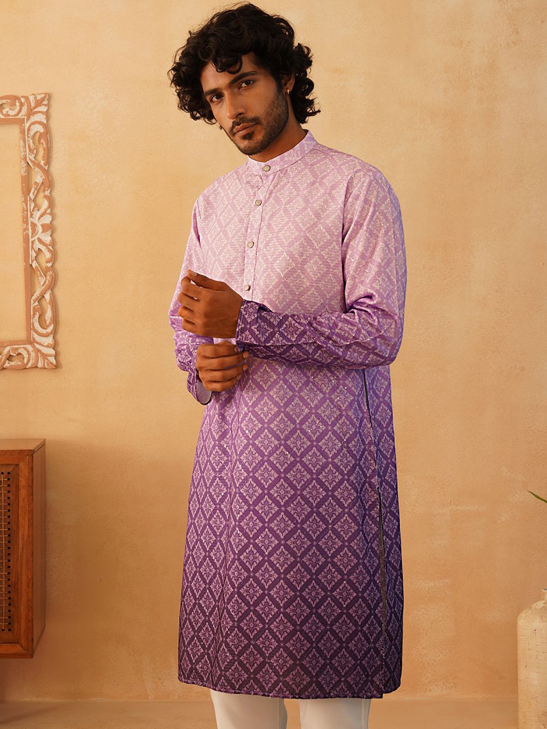 

Jompers Ethnic Motifs Printed Band Collar Pure Cotton Straight Kurta, Purple