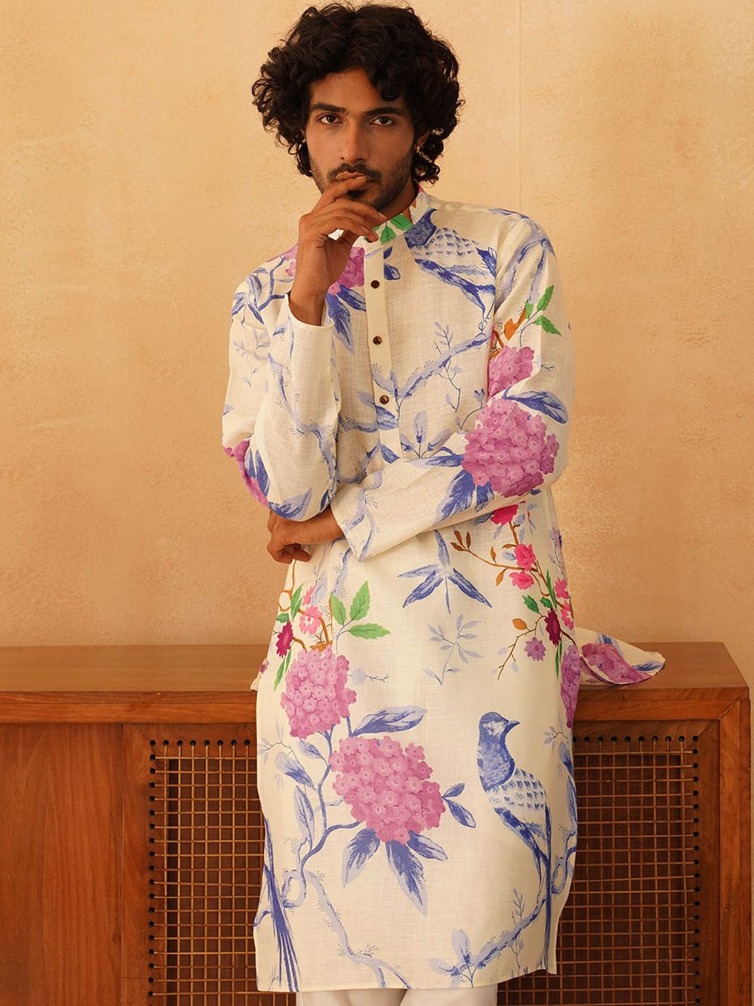 

Jompers Floral Printed Band Collar Pure Cotton Straight Kurta, White
