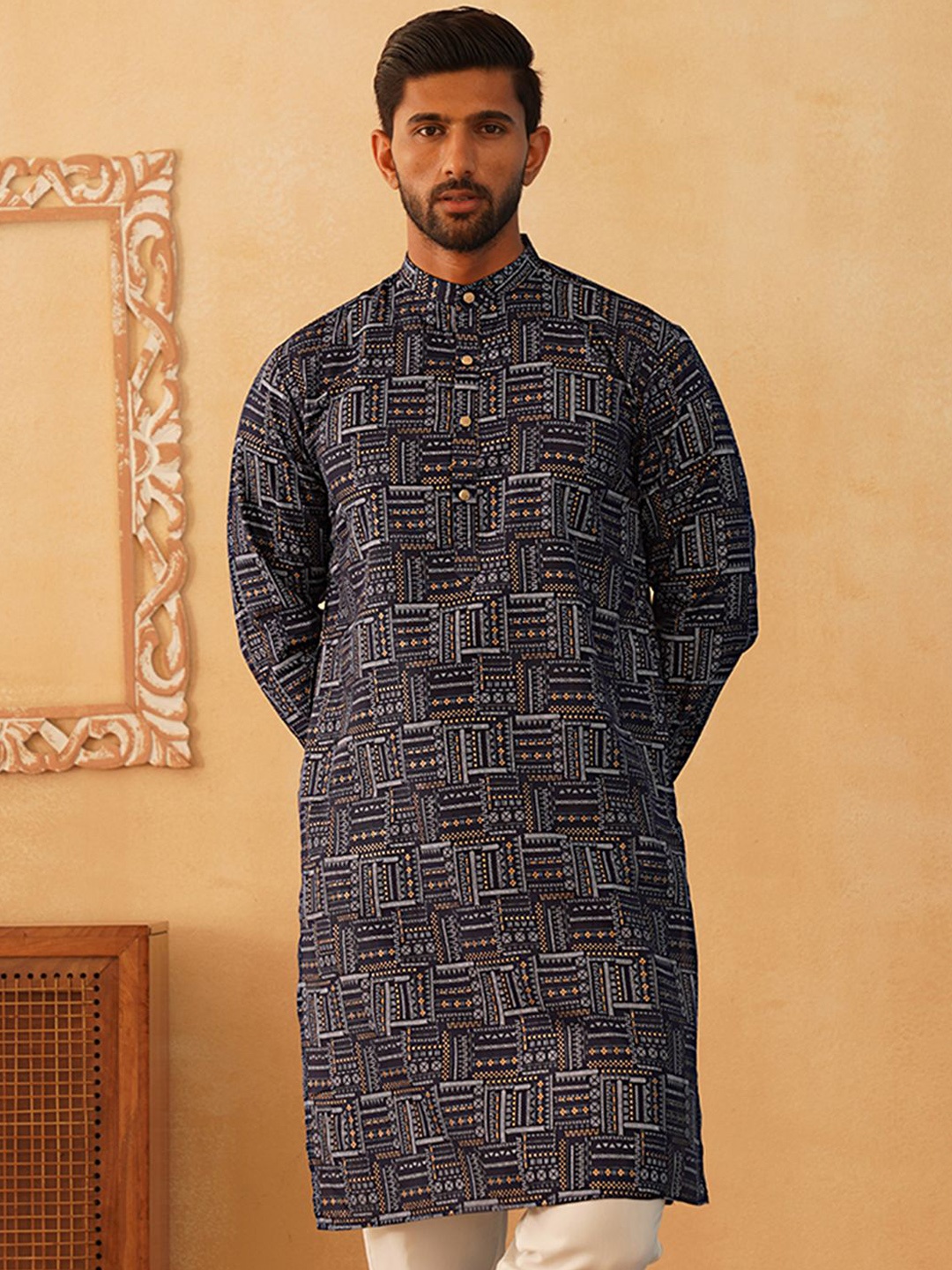 

Jompers Geometric Printed Band Collar Straight Kurta, Navy blue