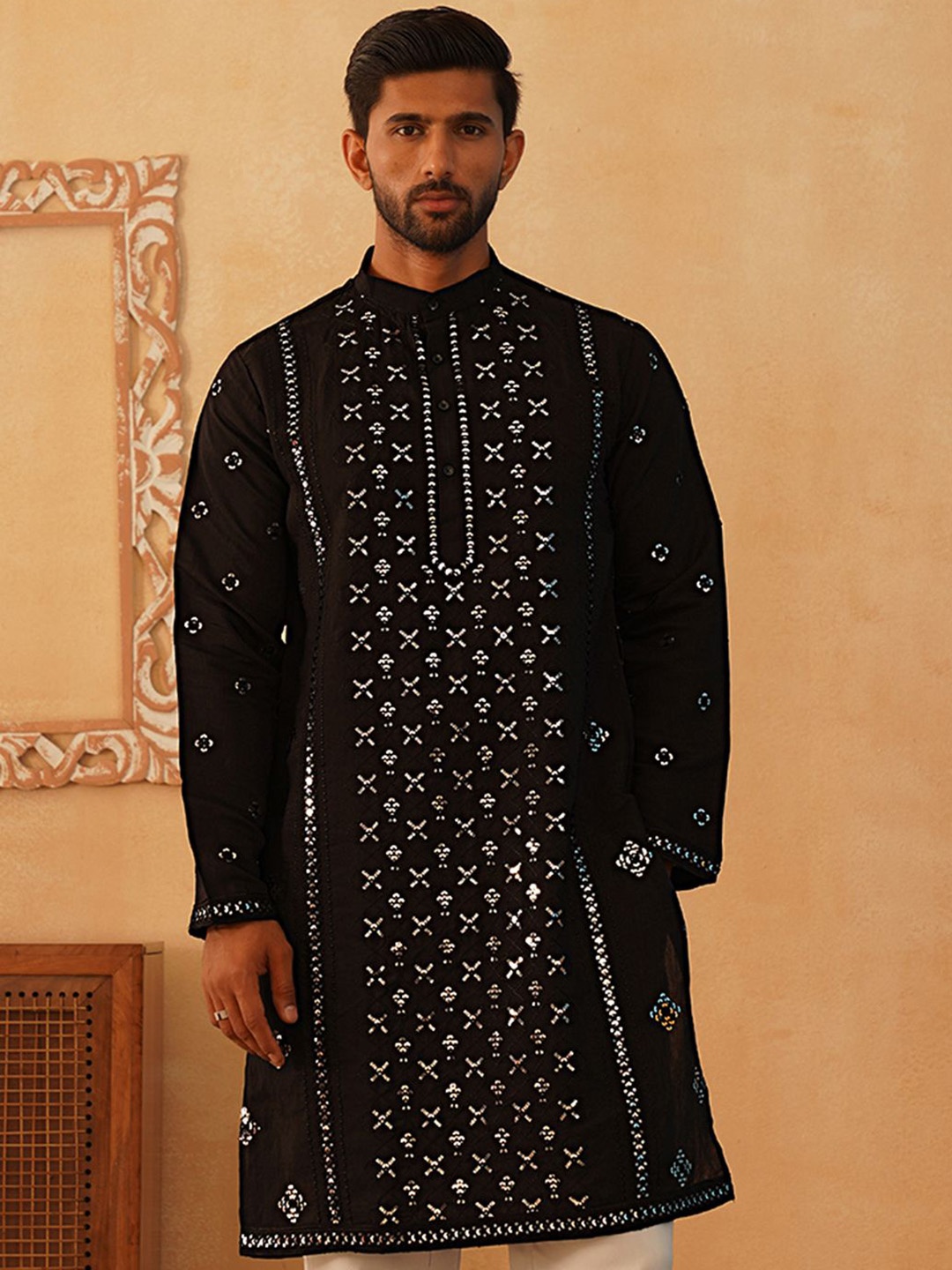 

Jompers Ethnic Motifs Embroidered Band Collar Sequinned Straight Kurta, Black
