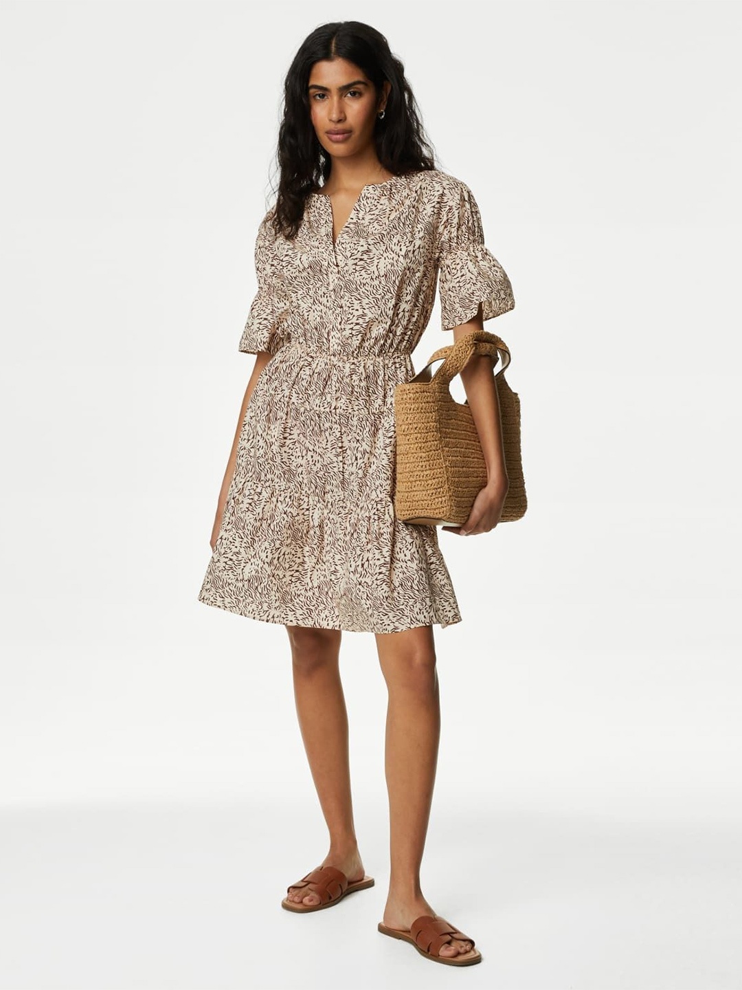 

Marks & Spencer Bell Sleeve Fit & Flare Tiered Dress, Brown