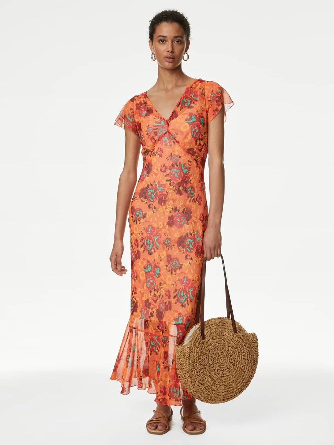 

Marks & Spencer Floral Printed V-Neck Flutter Sleeve Midi Dress, Orange