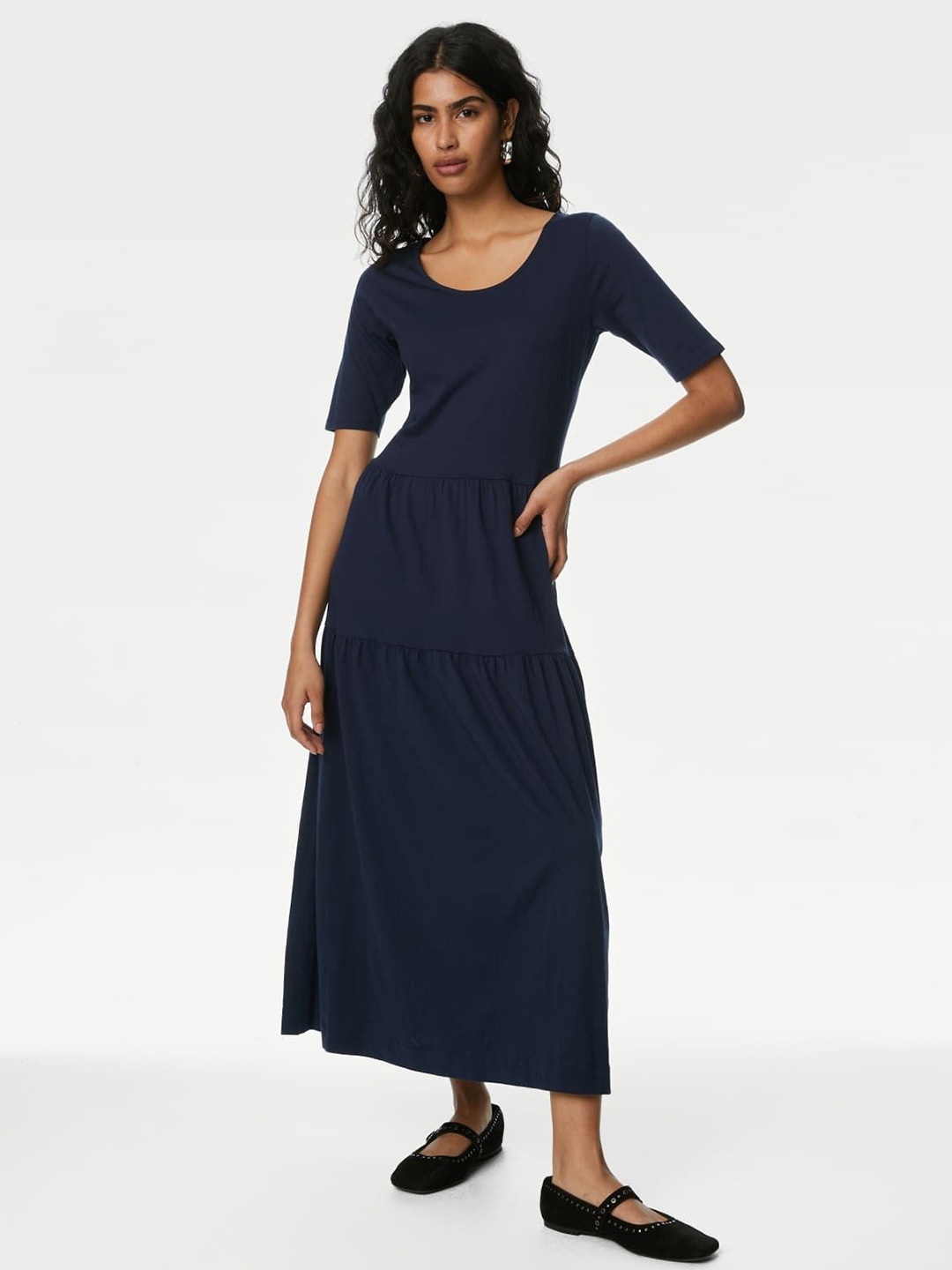 

Marks & Spencer Cotton Round Neck Short Sleeves A-Line Dress, Navy blue
