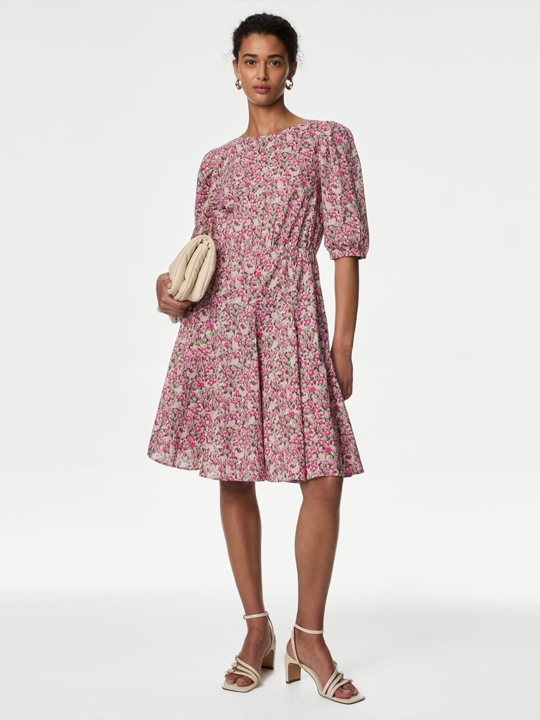 

Marks & Spencer Floral Printed Puff Sleeve Pure Cotton Fit & Flare Dress, Pink