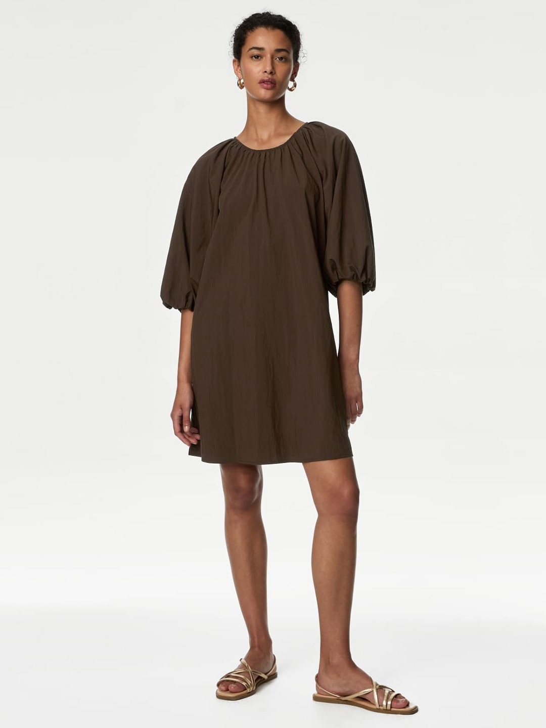 

Marks & Spencer Round Neck Puff Sleeve Smocked A-Line Dress, Brown