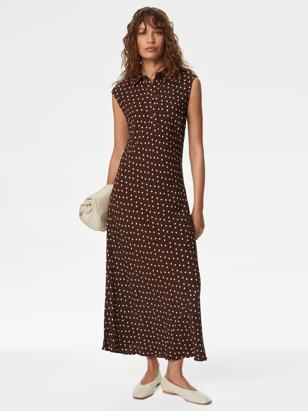 

Marks & Spencer Polka Dot Print Shirt Collar Maxi Dress, Brown