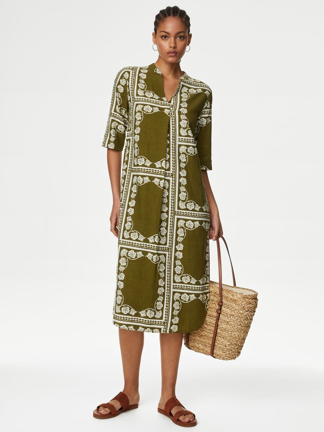 

Marks & Spencer Tie and Dye Printed V-Neck Shirt Midi Dress, Green