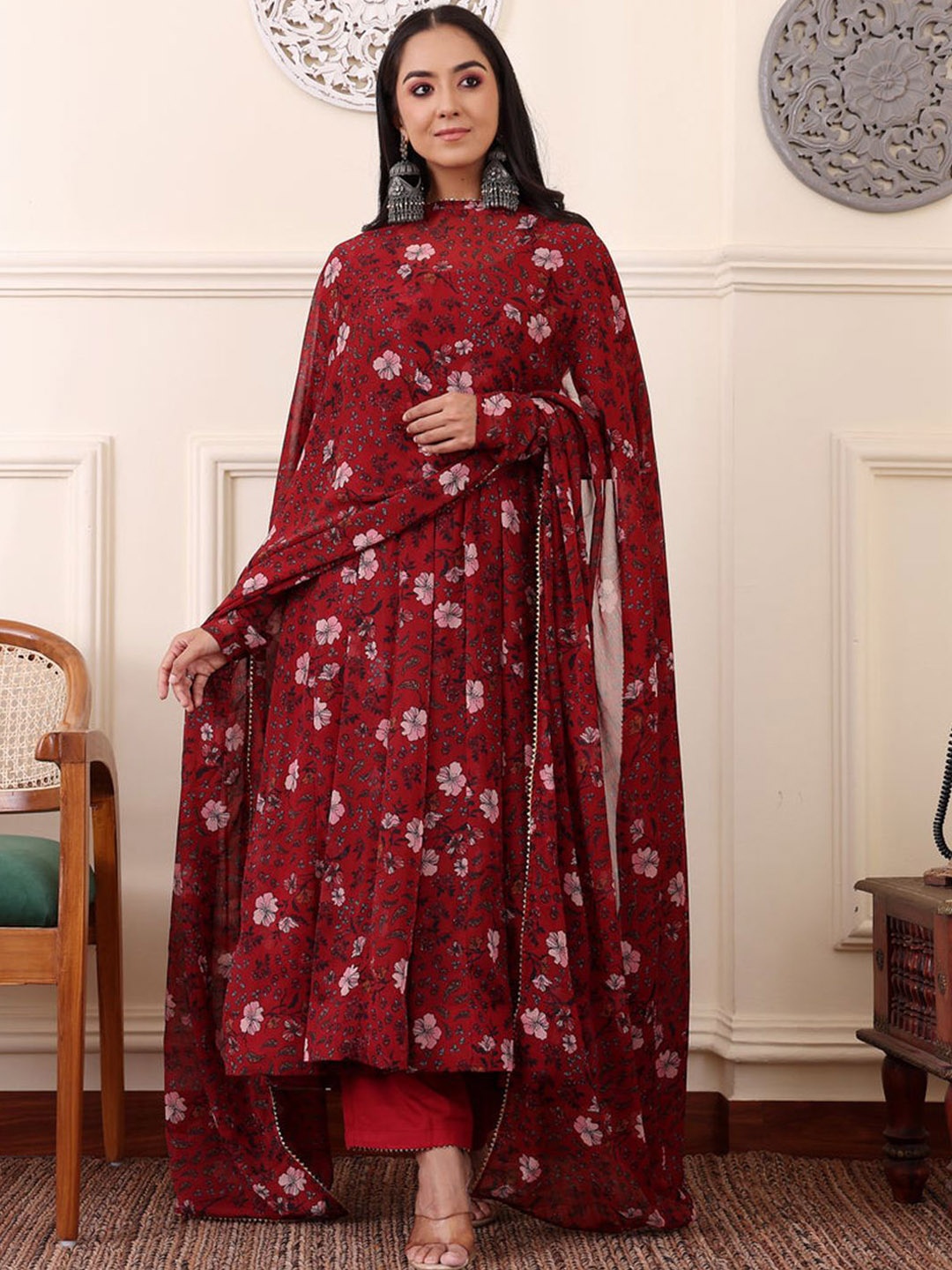 

KALINI Floral Printed Empire Anarkali Kurta with Trousers & With Dupatta, Maroon