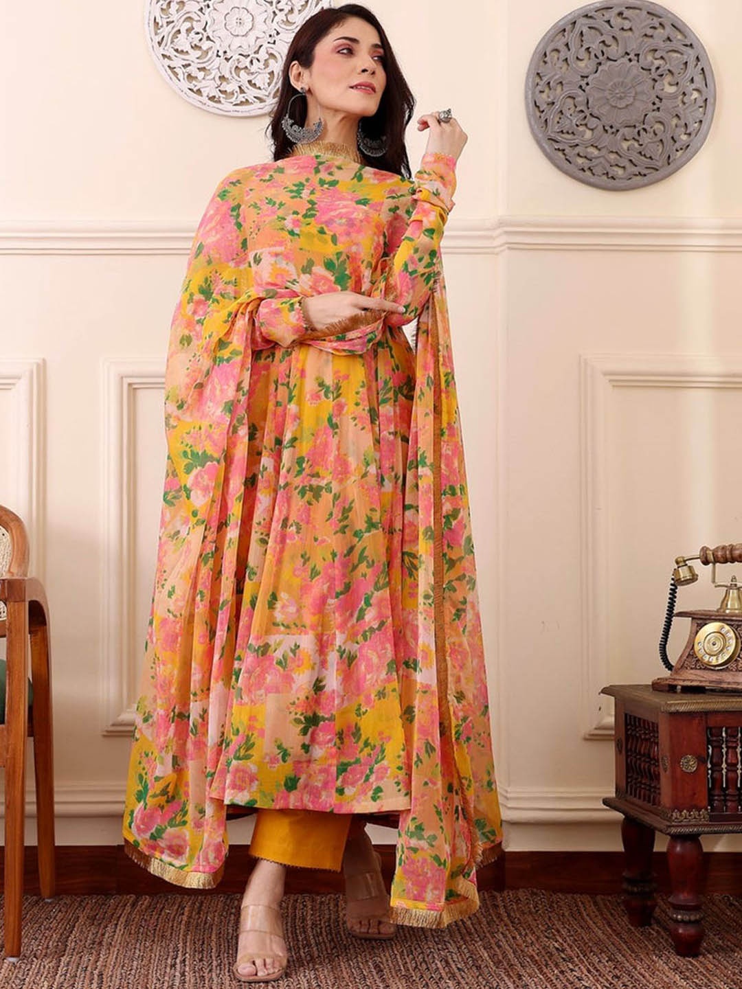 

KALINI Floral Printed Anarkali Kurta with Trousers & With Dupatta, Yellow