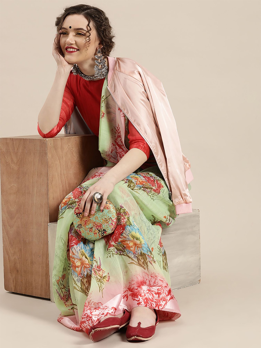 

Anouk Floral Banarasi Saree With Blouse, Green