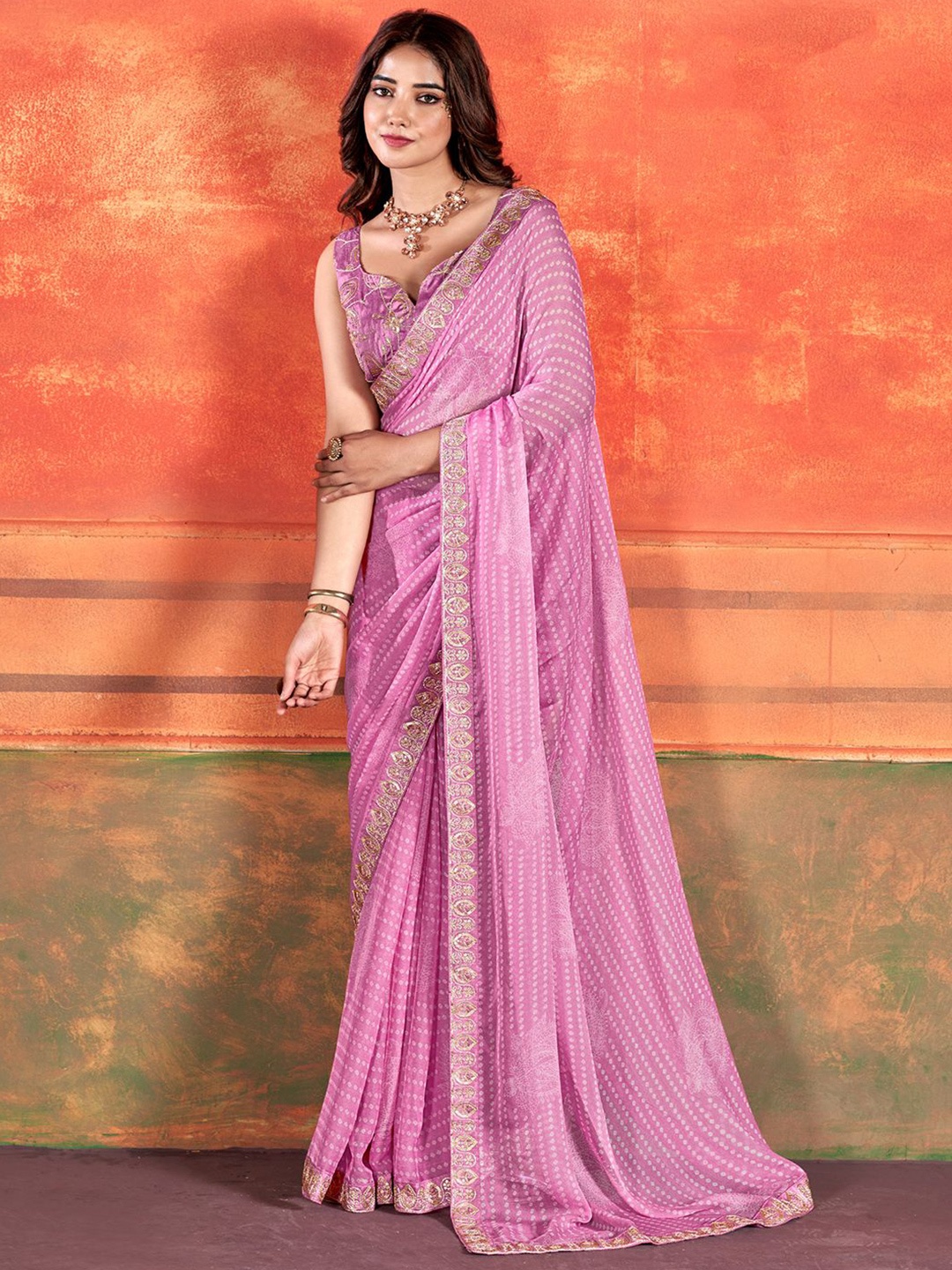 

Anouk Bandhani Sequinned Saree, Pink