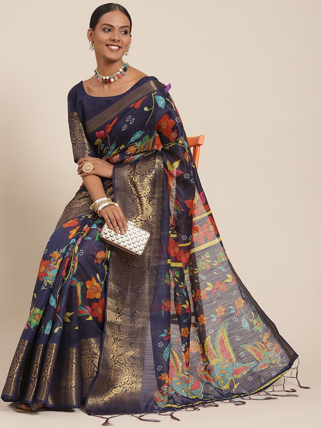 

Anouk Ethnic Motif Zari Woven Saree, Navy blue