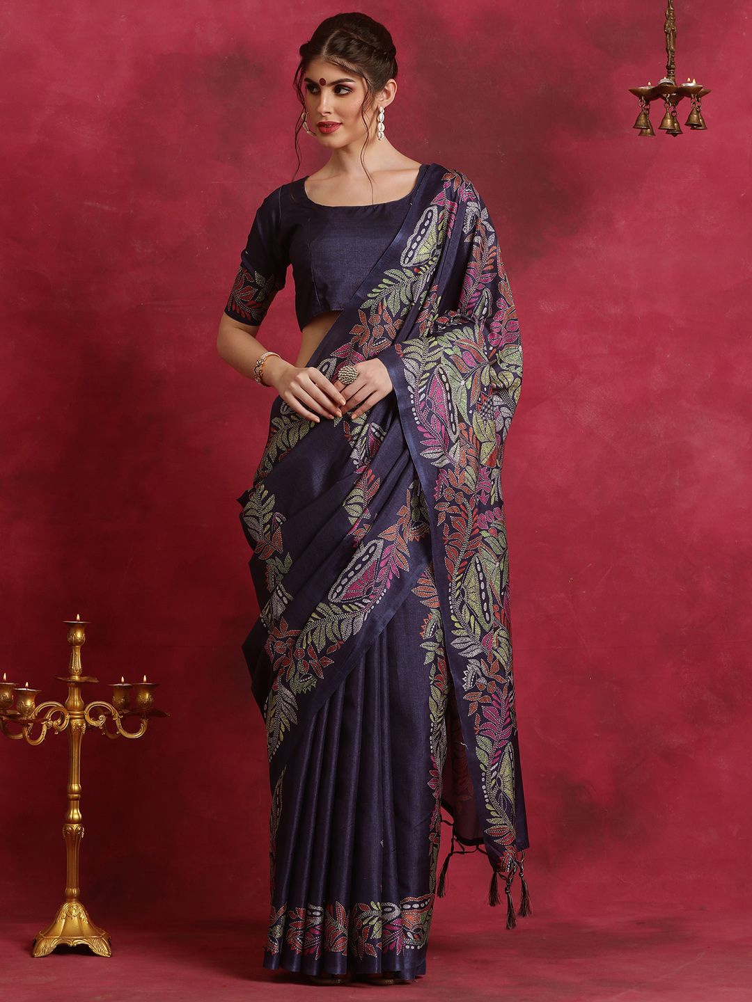 

Anouk Ethnic Motifs Block Print Saree, Navy blue