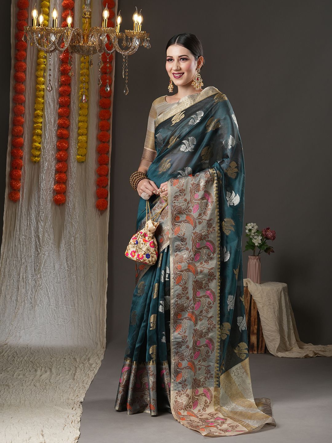 

Anouk Floral Printed Zari Organza Saree, Blue