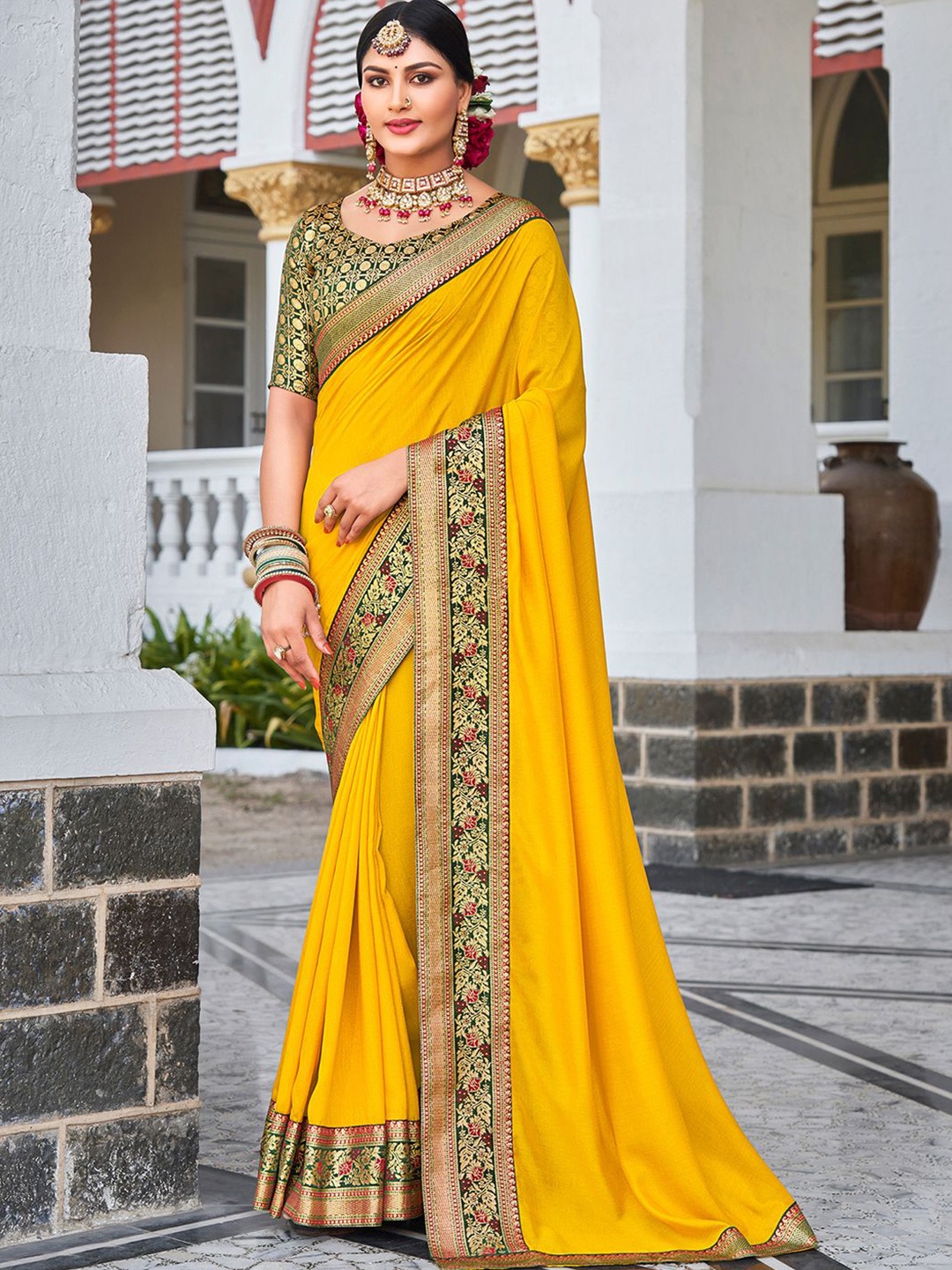 

Anouk Rustic Woven Design Border Embellished Saree, Yellow