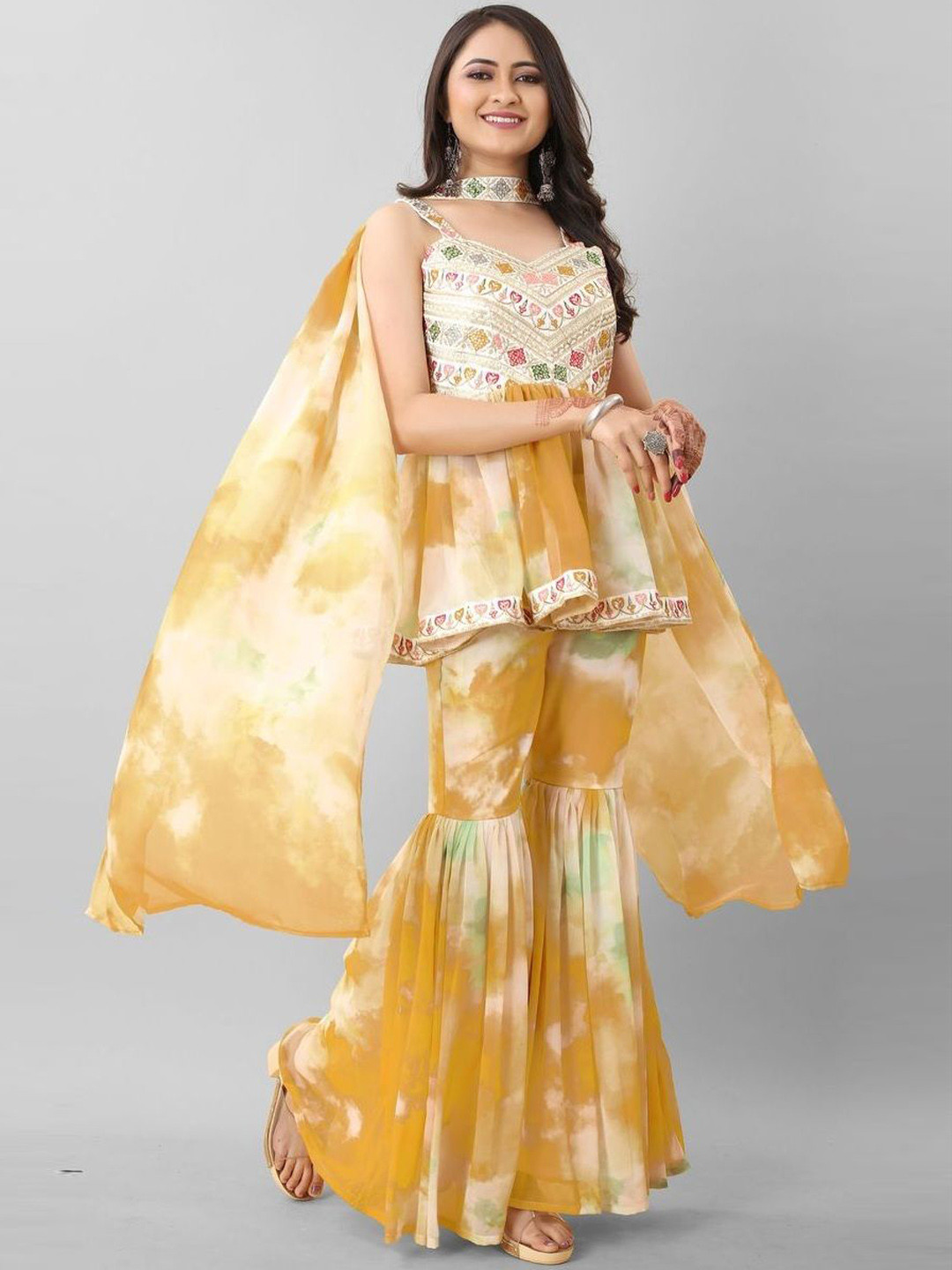 

KALINI Embroidered Ombre Kurti Set With Sharara & Dupatta, Yellow