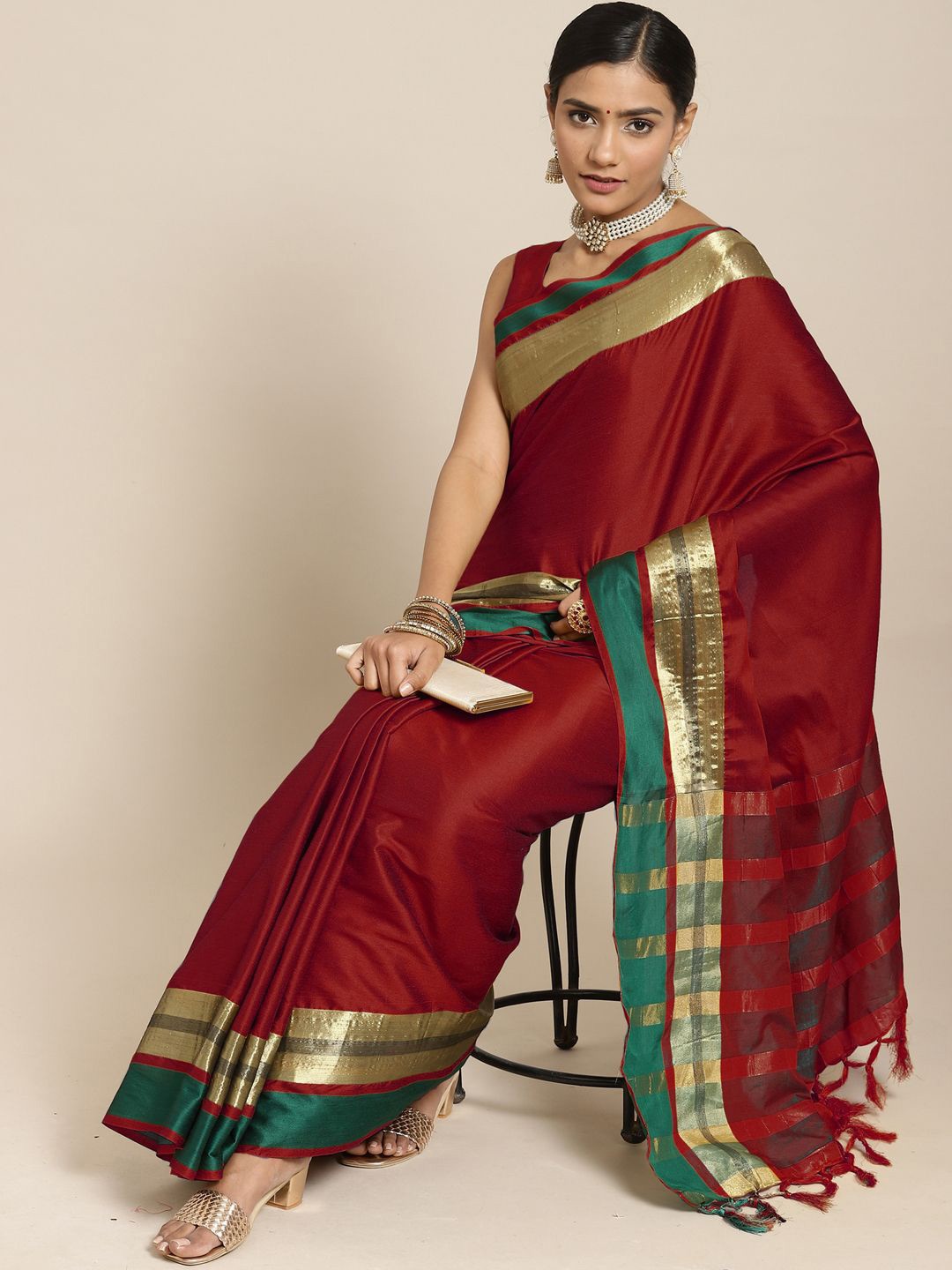 

Anouk Rustic Zari Uppada Saree With Blouse Piece, Maroon