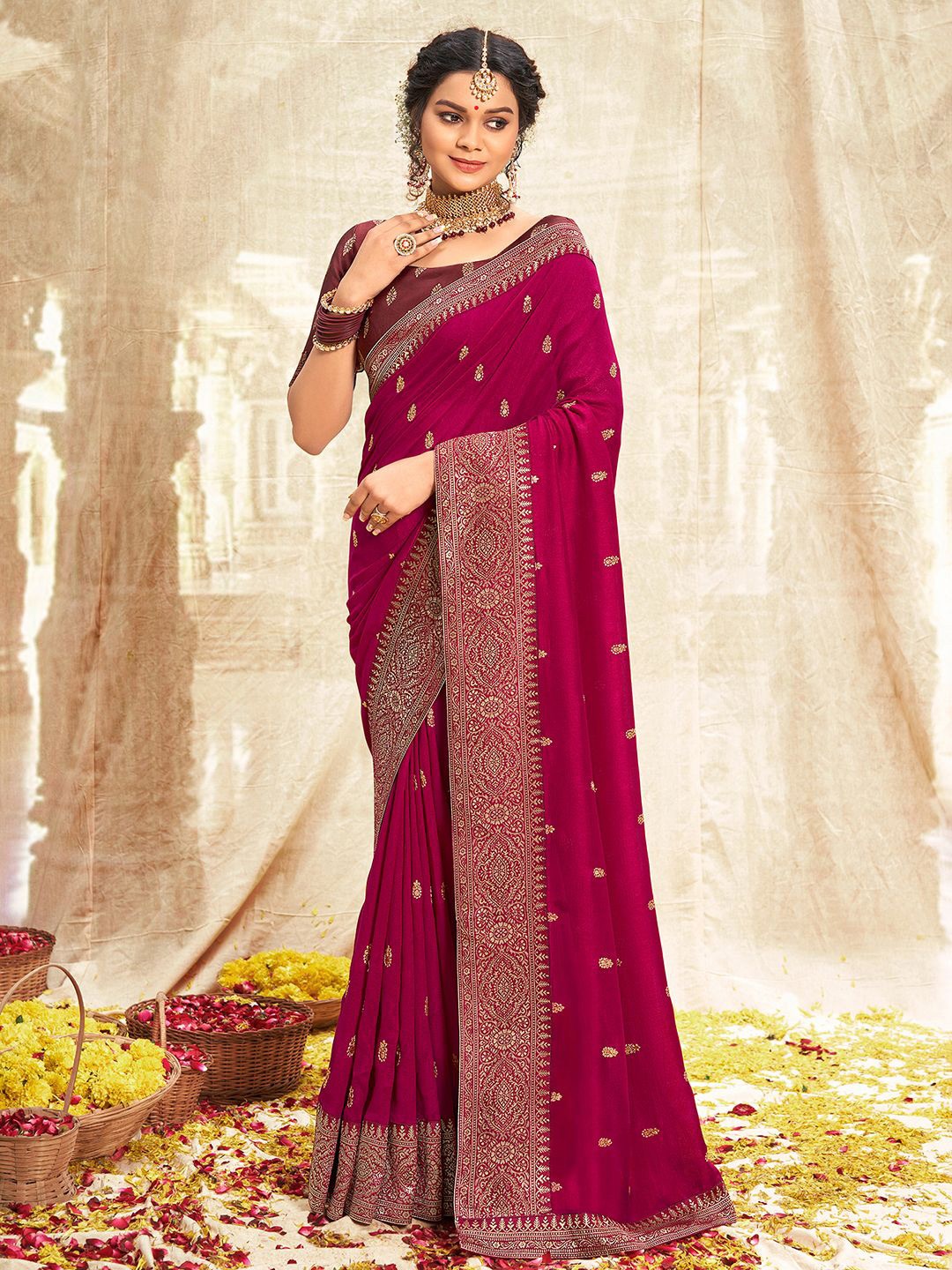 

Anouk Rustic Woven Design Zardozi Saree With Blouse Piece, Pink