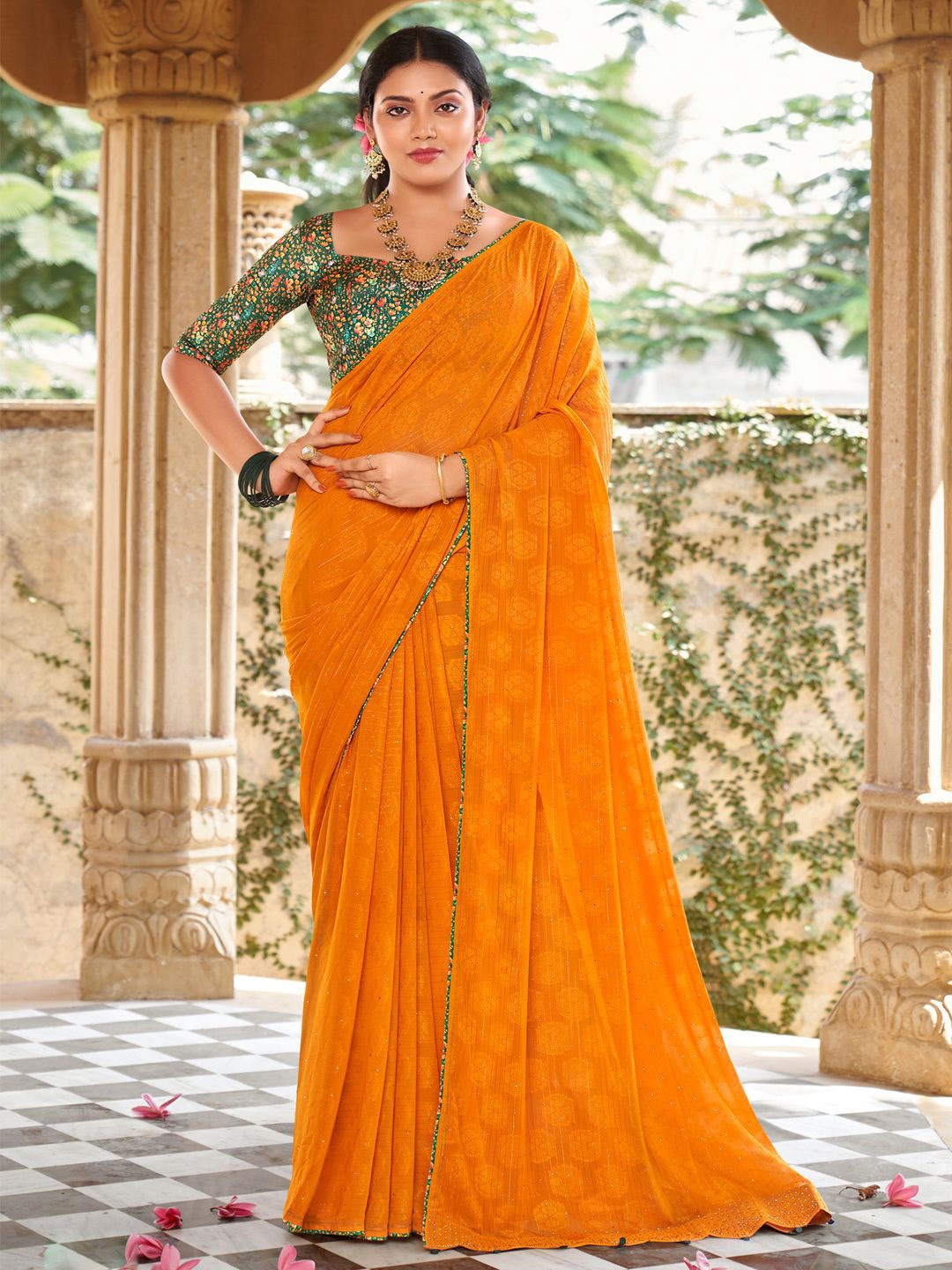 

Anouk Poly Georgette Ethnic Motif Embellished Festive Saree, Yellow