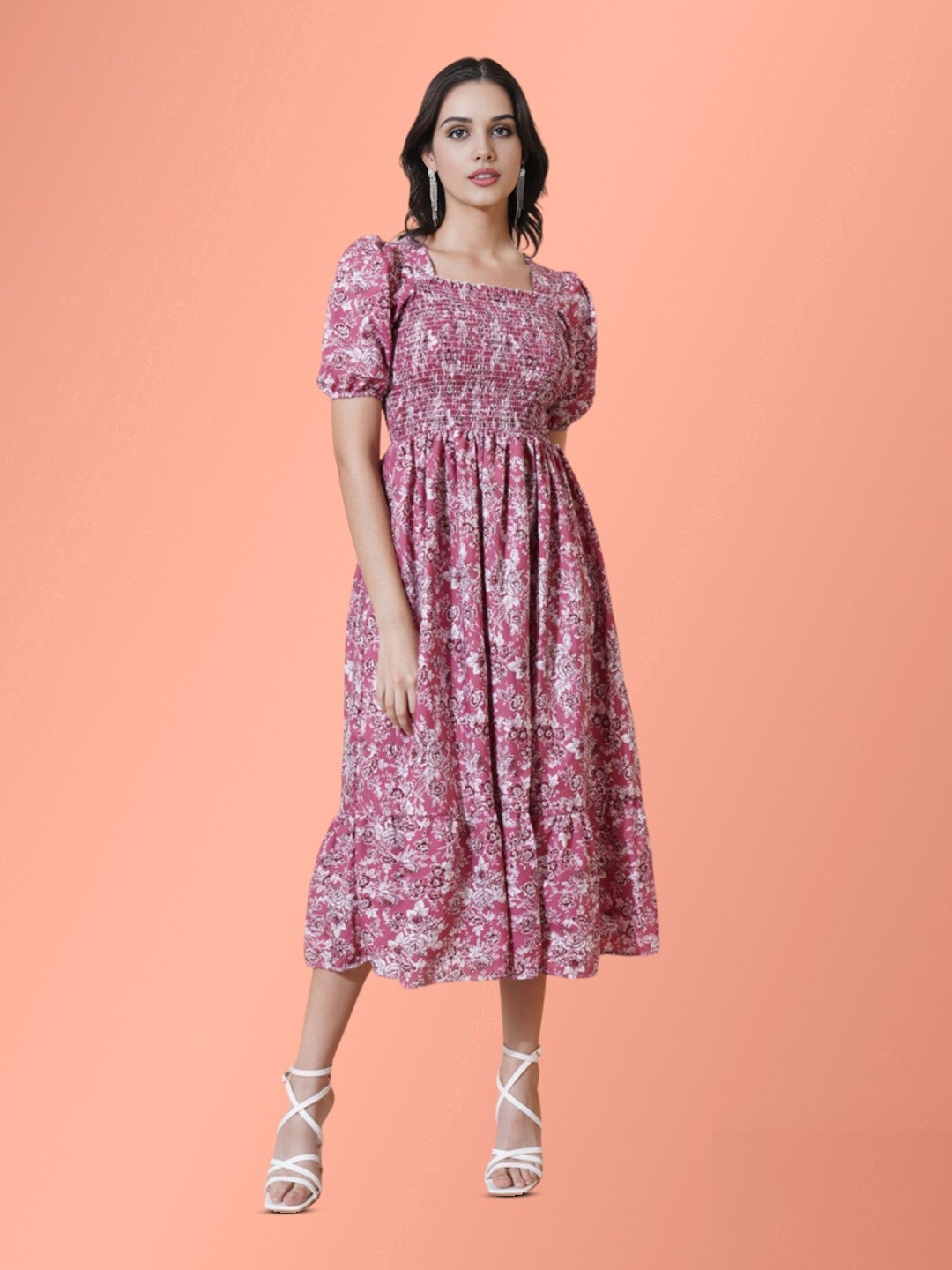 

Femvy Floral Printed Smocked Fit & Flare Midi Ethnic Dress, Pink