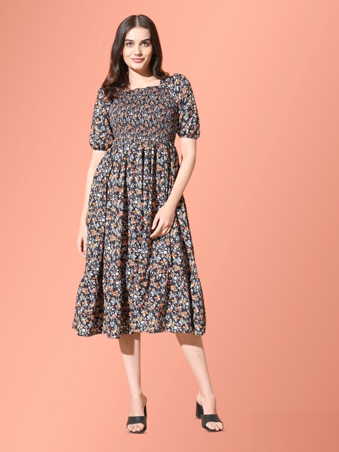 

Femvy Puff Sleeve Fit & Flare Smocked Floral Midi Dress, Black