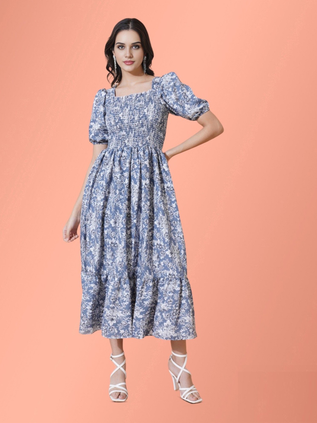 

Femvy Floral Printed Smocked Fit & Flare Midi Dress, Blue