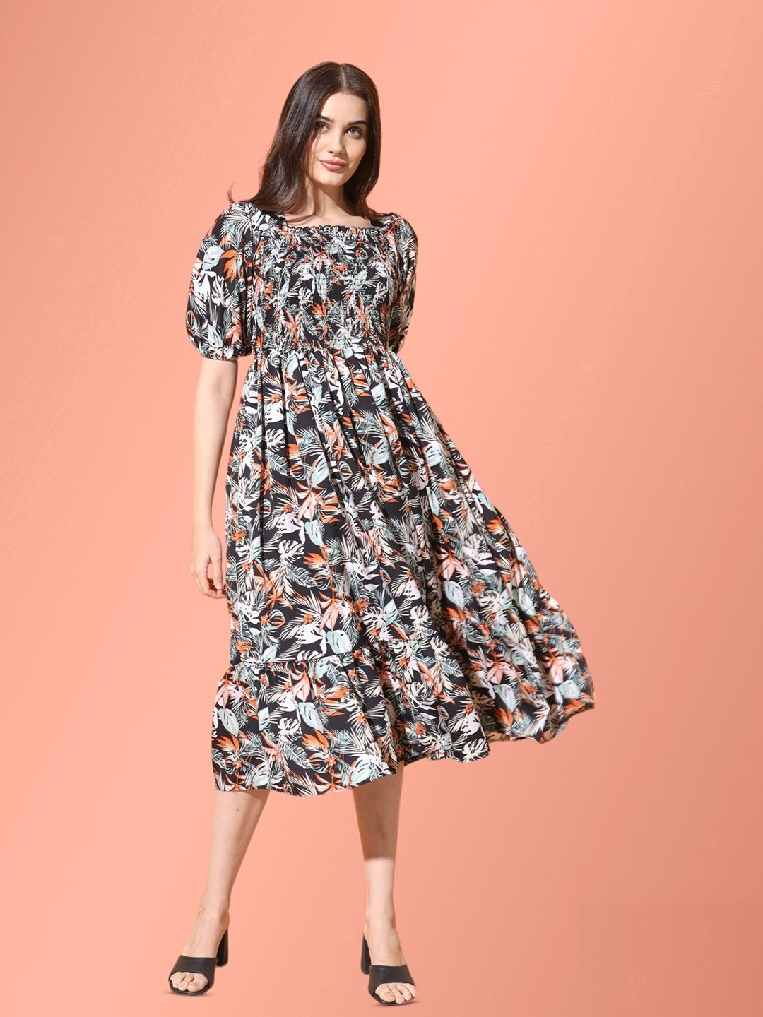 

Femvy Floral Printed Puff Sleeves Fit & Flare Midi Dress, Black