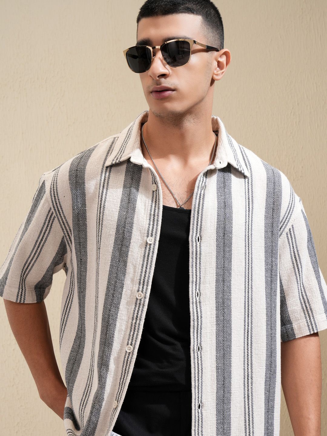 

HIGHLANDER Men Opaque Striped Casual Shirt, Cream
