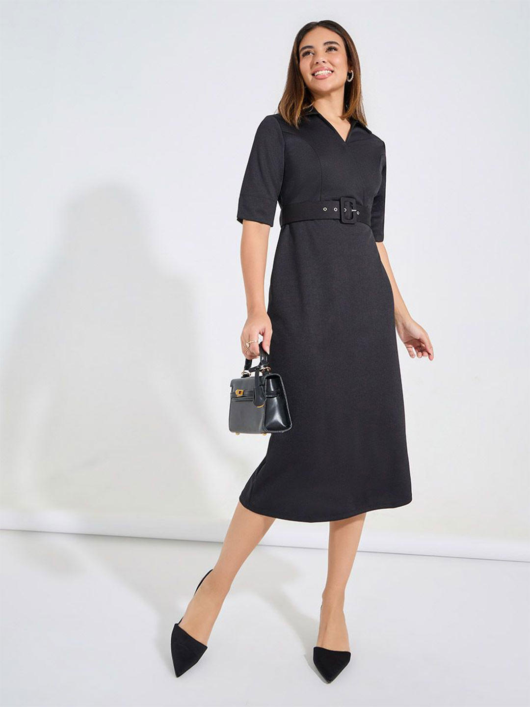 

Styli Women Solid Sheath Midi Dress with Belt Detail, Black