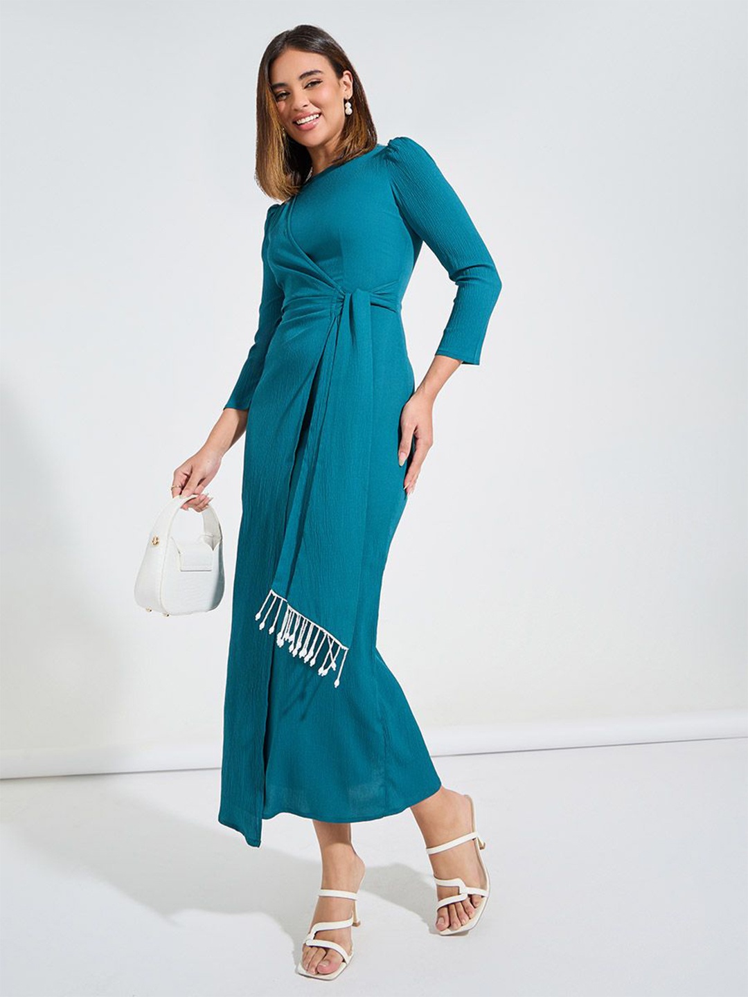 

Styli Solid Wrap Maxi Dress with 3/4 Puff Sleeve & Tassels, Teal