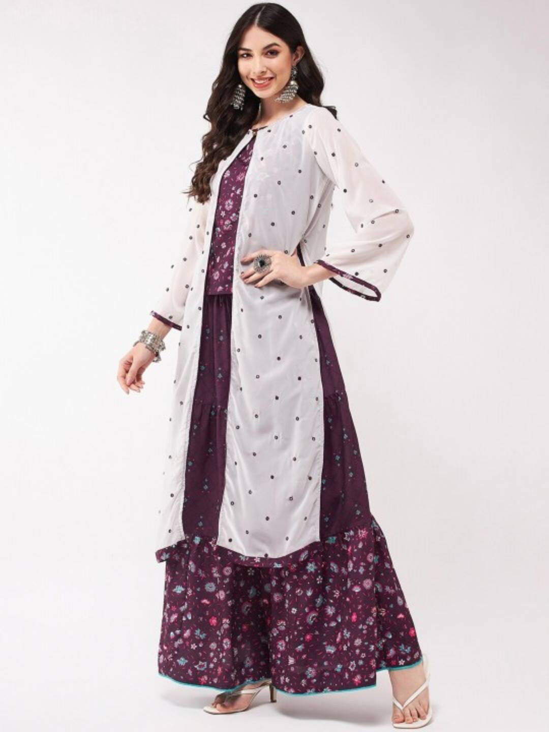 

Pannkh Printed Top & Skirt And with Embroidered Shrug, Magenta