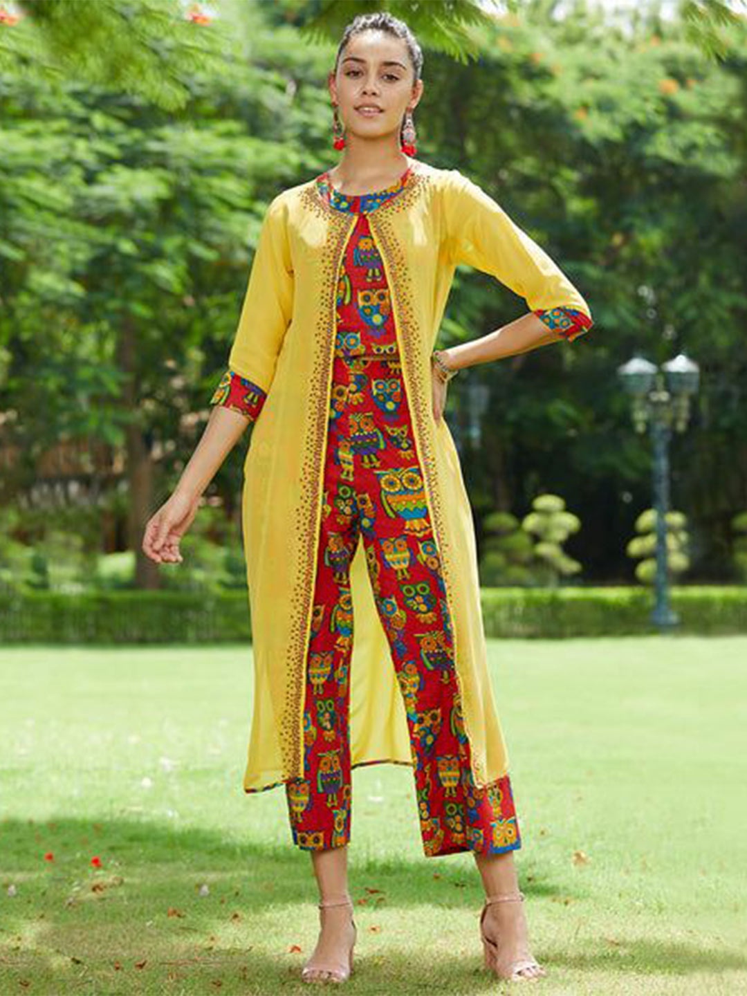 

Pannkh Printed Pure Cotton Top With Trouser & Embroidered Jacket, Yellow