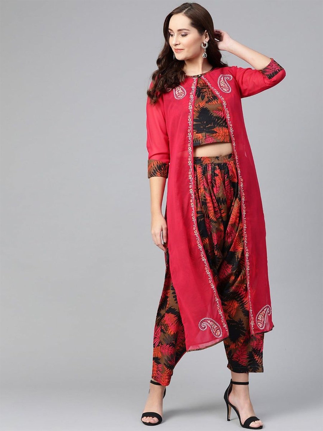 

Pannkh Printed Top With Trouser & Embroidered Jacket, Pink