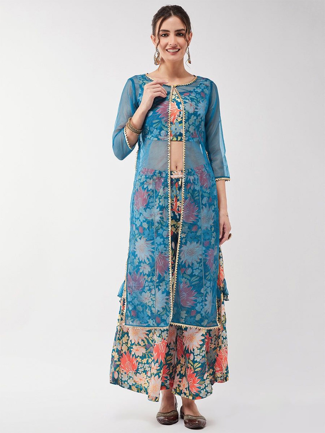 

Pannkh Printed Top & Palazzo With Jacket, Blue