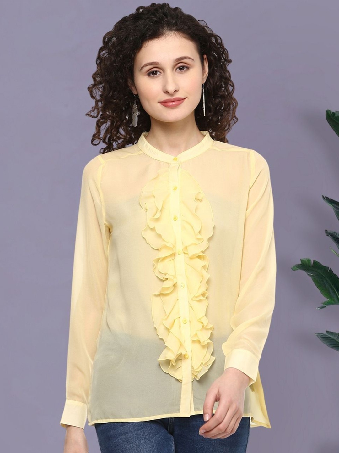 

Moda Elementi Mandarin Collar Shirt Style Top, Yellow