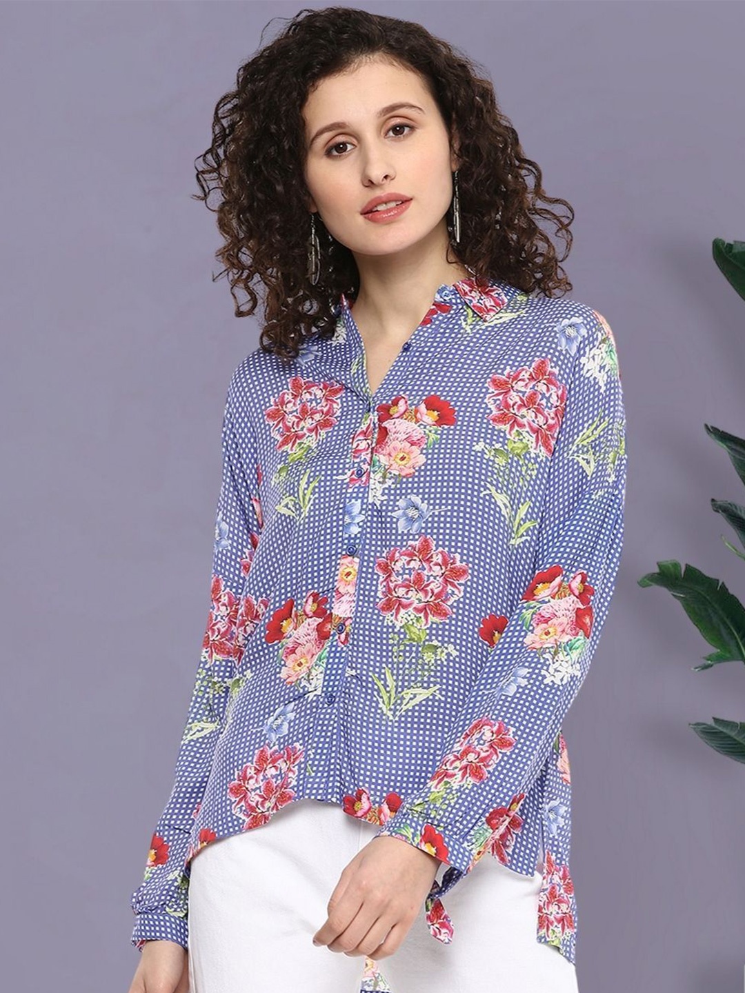 

Moda Elementi Floral Print Mandarin Collar Shirt Style Top, Navy blue