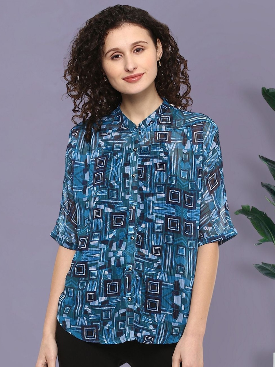 

Moda Elementi Print Mandarin Collar Roll-Up Sleeves Shirt Style Top, Navy blue