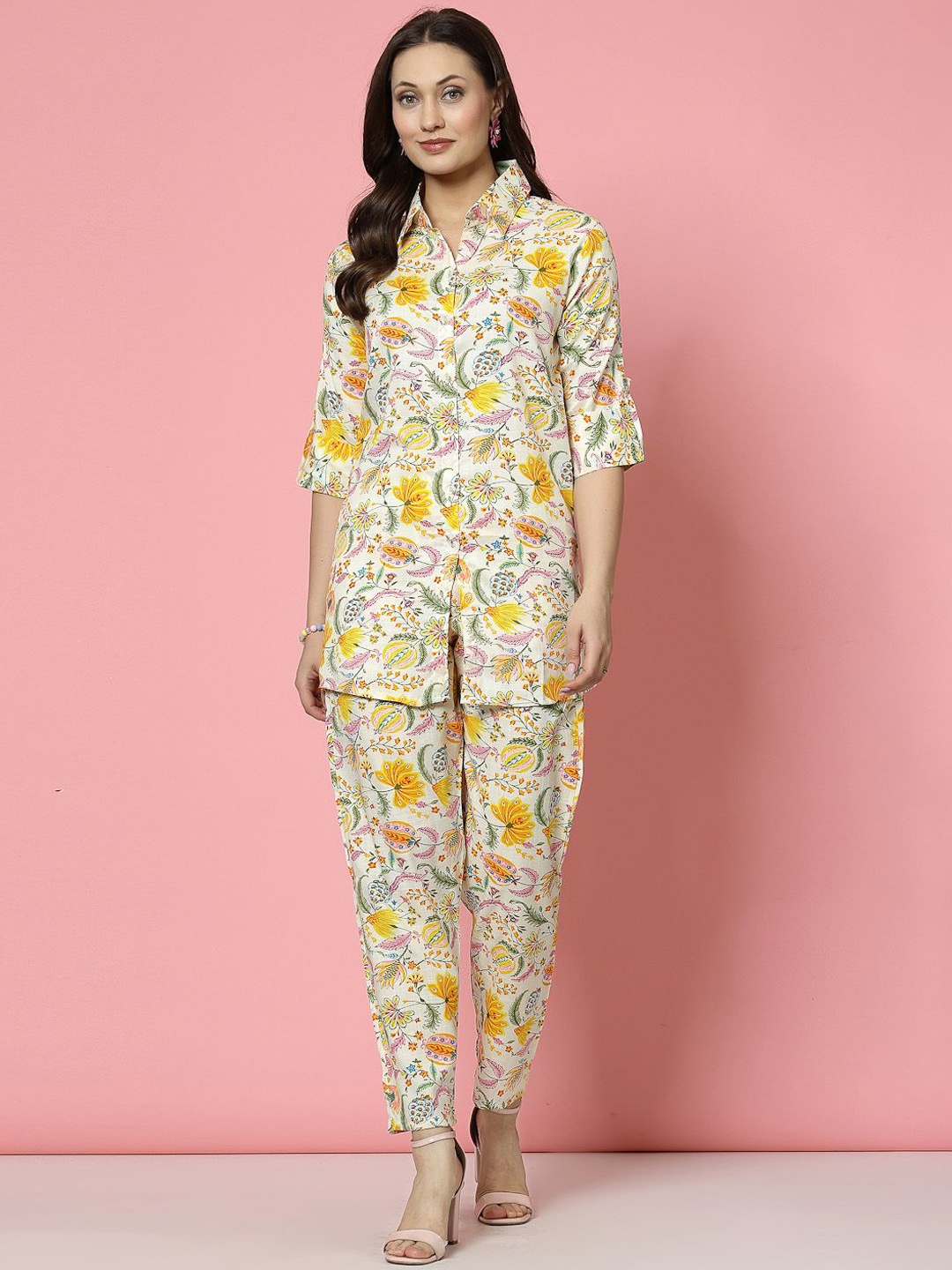 

Clora Creation Floral Printed Shirt With Trouser, Yellow