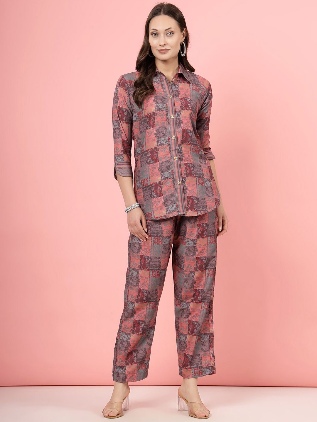 Clora Creation Floral Printed Shirt & Trousers, Peach