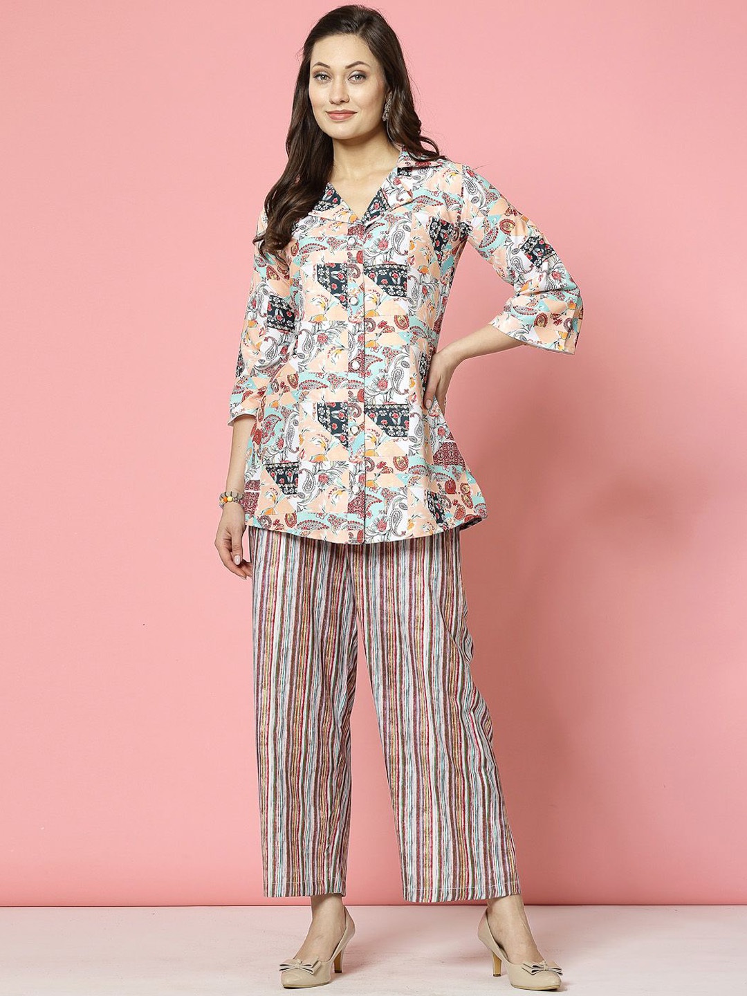 

Clora Creation Paisley Printed Shirt With Trousers Co-Ords, Peach