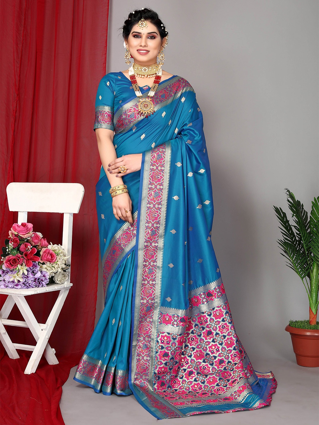 

HEER FASHION Woven Design Zari Paithani Saree, Blue