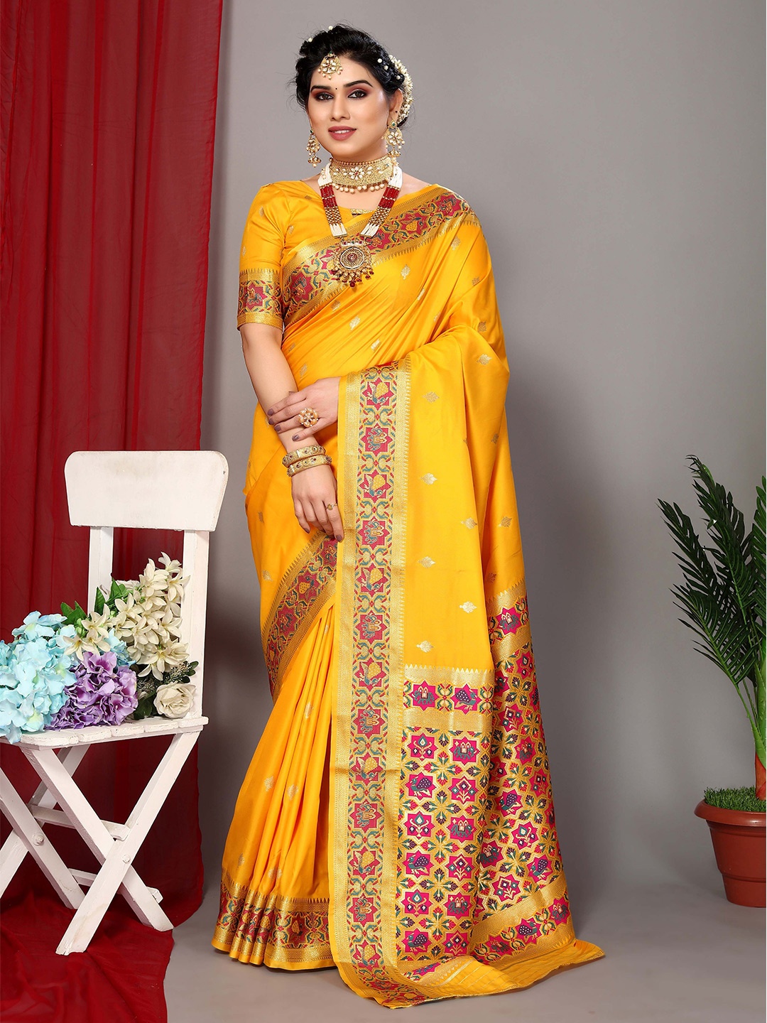 

HEER FASHION Woven Design Zari Paithani Saree, Yellow