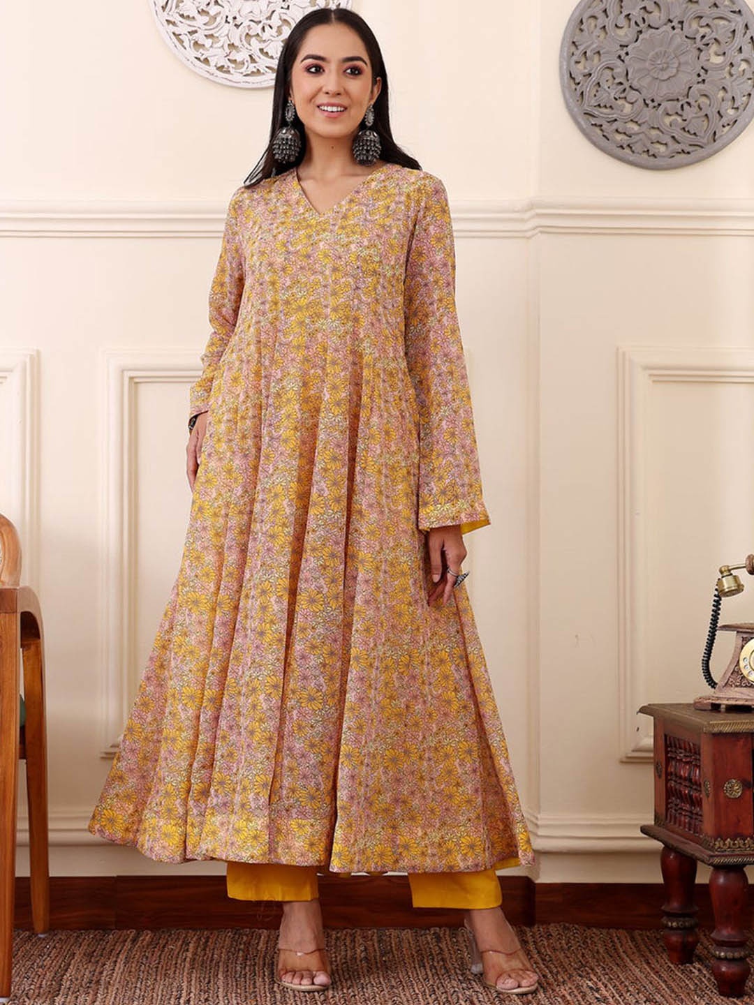 

KALINI Women Printed Flared Kurtas, Yellow