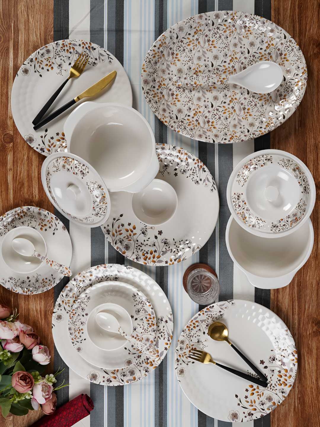 

CDI White & Grey 41 Pieces Floral Printed Melamine Glossy Dinner Set