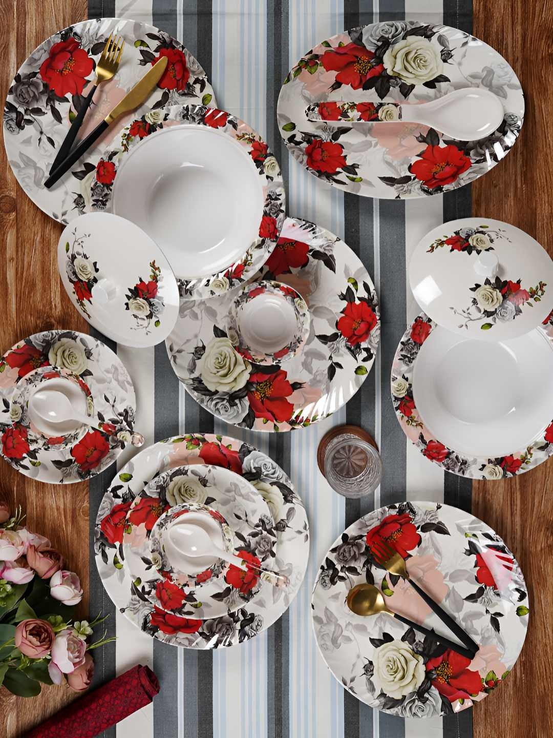 

CDI White & Red 41 Pieces Floral Printed Melamine Glossy Dinner Set